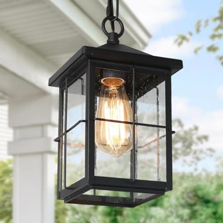 Lighting Fixture Outdoor - โคมไฟแขวนกลางแจ้ง, โคมไฟเพดานสไตล์ฟาร์มเฮาส์สีดำกันสนิมพร้อมกระจกฝ้า, โคมไฟแขวนทรงสี่เหลี่ยมสำหรับภายนอก