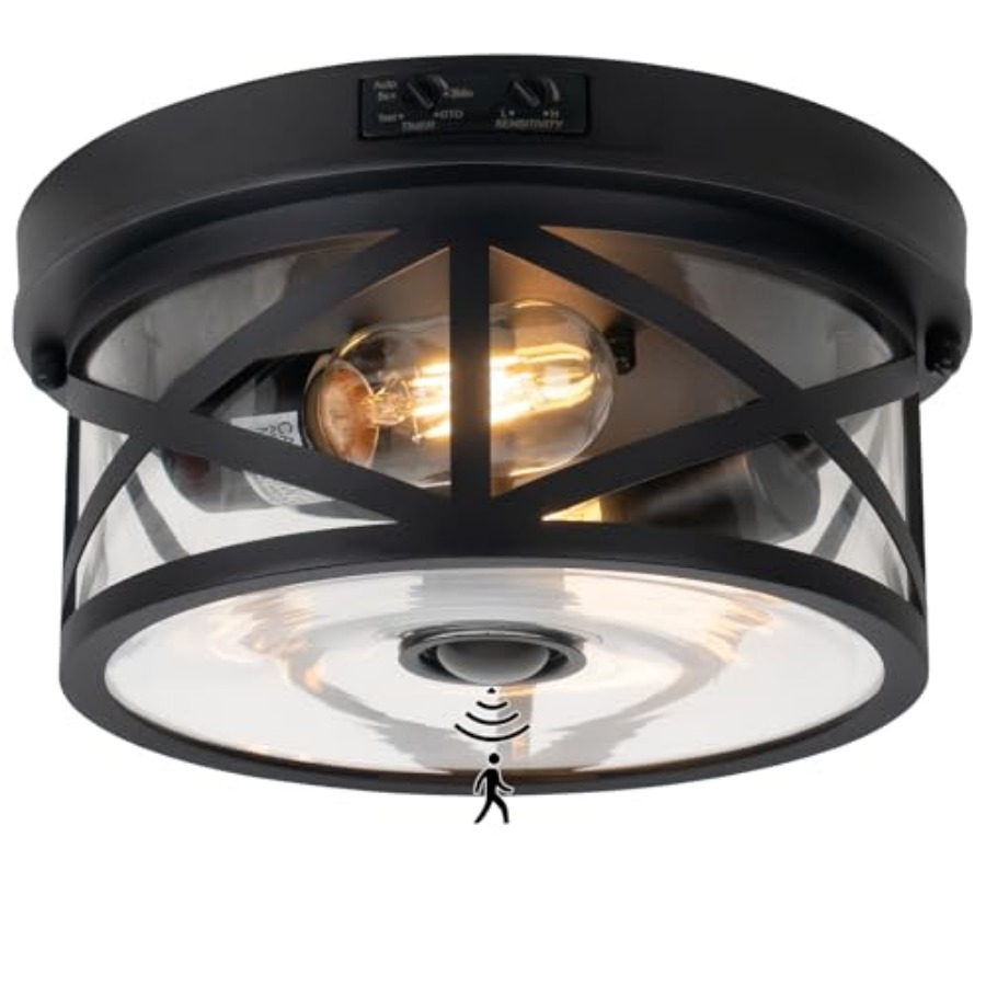 Lighting Fixture Outdoor - ไฟเพดานกลางแจ้งแบบมีเซ็นเซอร์ตรวจจับความเคลื่อนไหว, โคมไฟติดเพดานแบบปรับได้สีดำ, ไฟระเบียงกลางแจ้ง 2 ดวง, กระจกใส