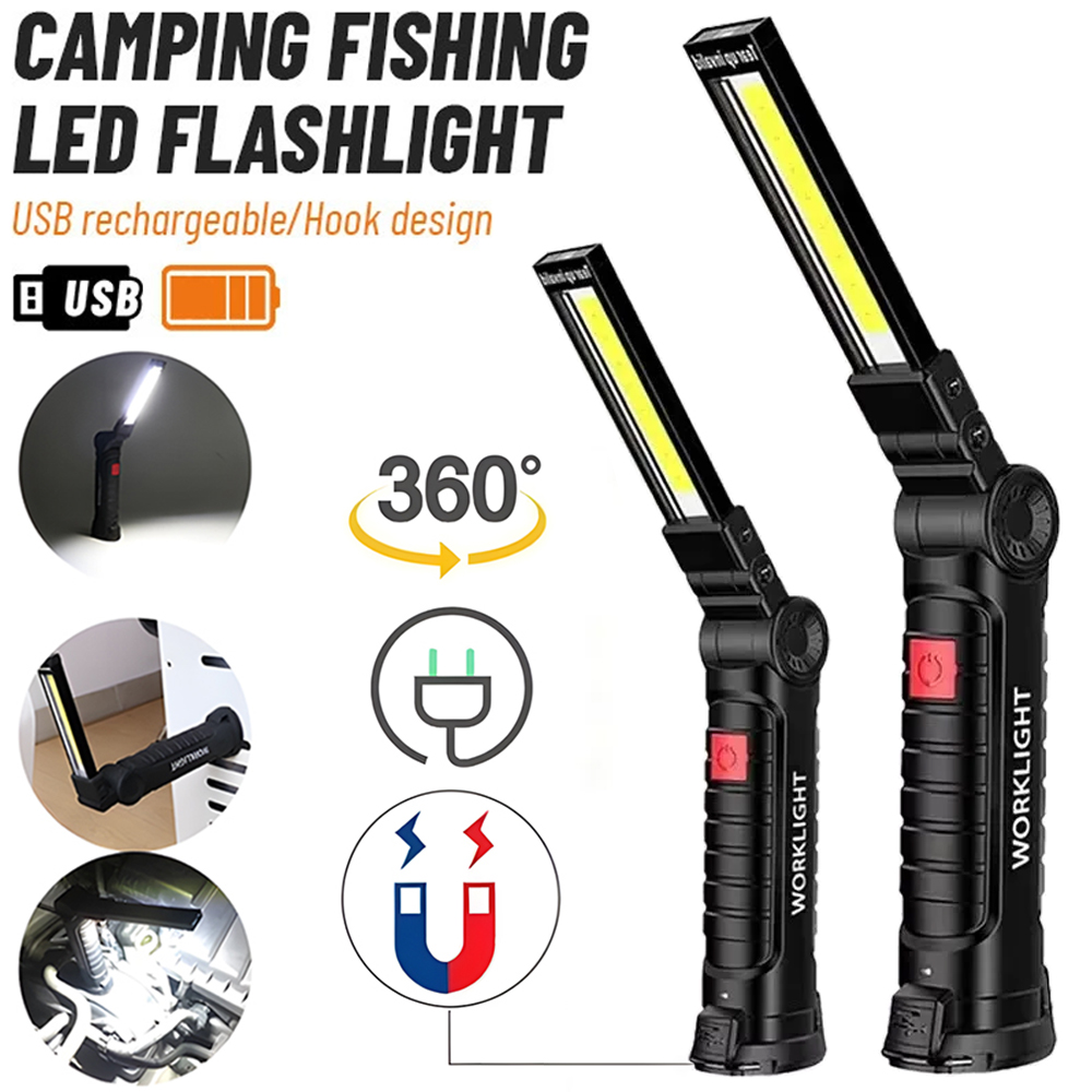 Outdoor Lighting House - ไฟฉาย LED COB แบบชาร์จไฟได้ผ่าน USB พร้อมแม่เหล็กและตะขอ