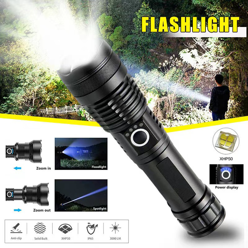 Outdoor Lighting Beacon - ไฟฉาย LED กำลังสูง XHP70 USB-C ไฟฉายแบบชาร์จไฟได้ซูมได้โคมไฟมือกันน้ำสำหรับการตั้งแคมป์กลางแจ้งใช้ในกรณีฉุกเฉิน